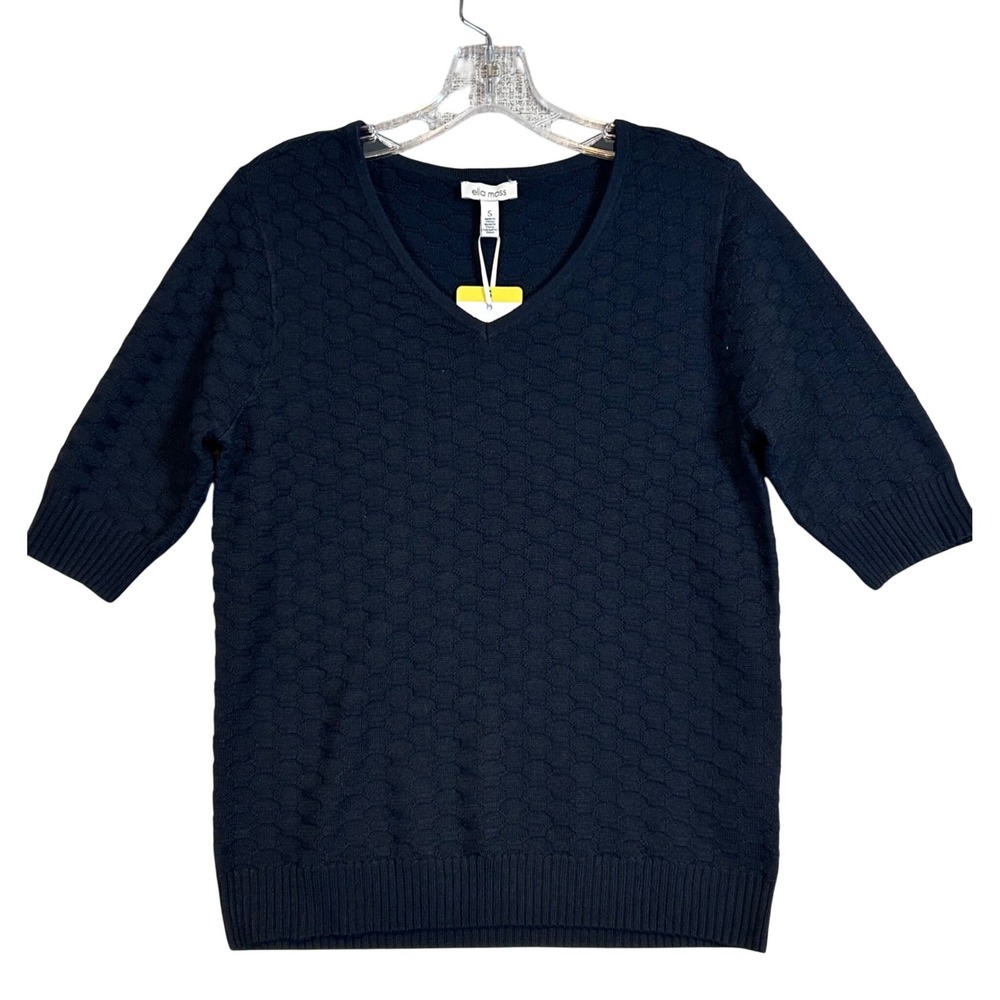 NWT Ella Moss Womens Navy Blue Honeycomb Textured V-Neck Elbow Sleeve Sweater S